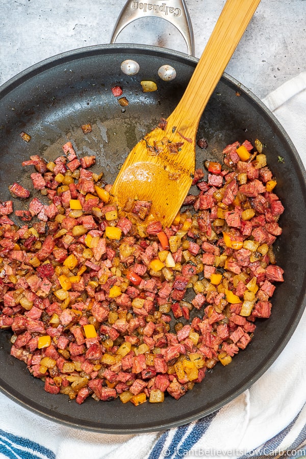 Low Carb Corned Beef Hash in a frying pan