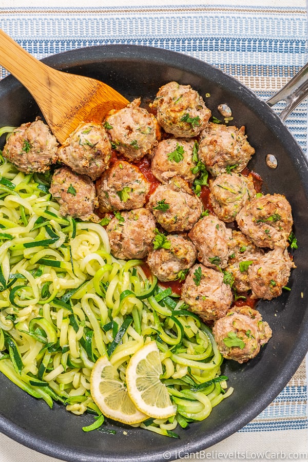 pan of Turkey Zucchini Meatballs and zucchini noodles