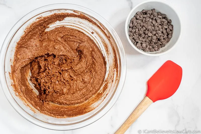 Keto Chocolate Muffin batter and bowl of chocolate chips