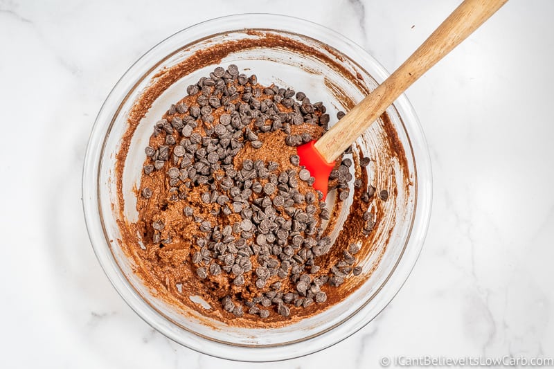 Adding low carb chocolate chips to Keto Chocolate Muffin batter