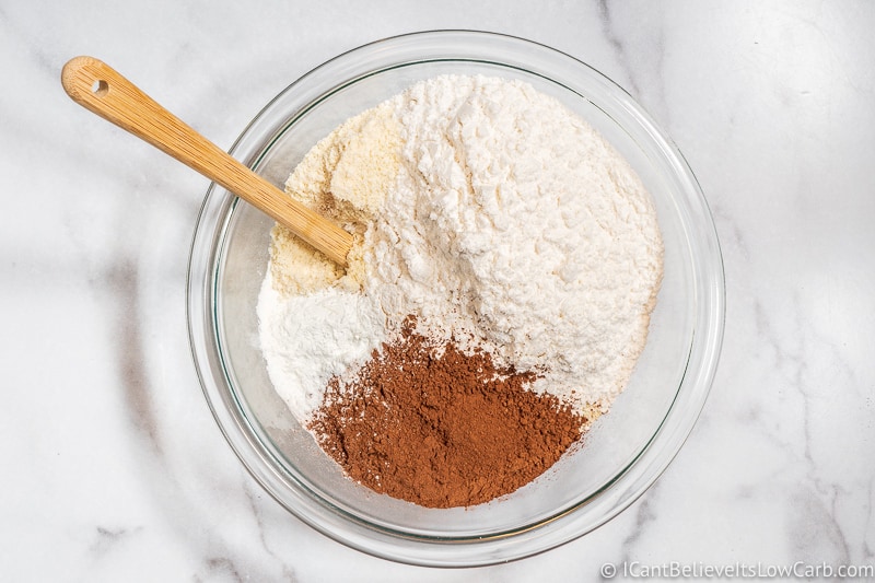Dry ingredients for low carb Chocolate Muffins in bowl