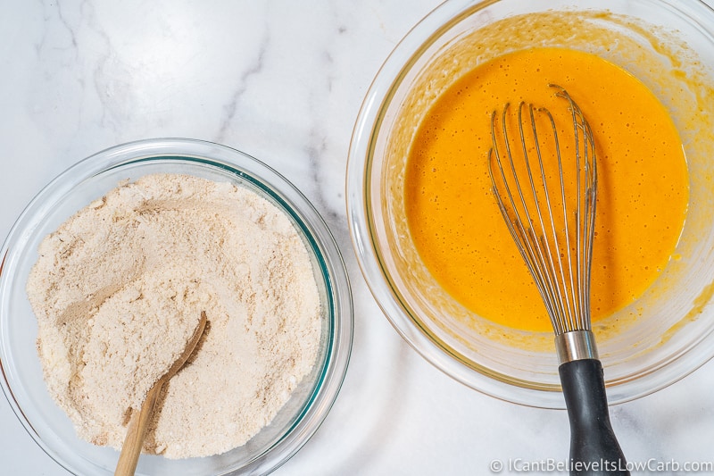 Wet and Dry ingredients for Low Carb Pumpkin Muffins