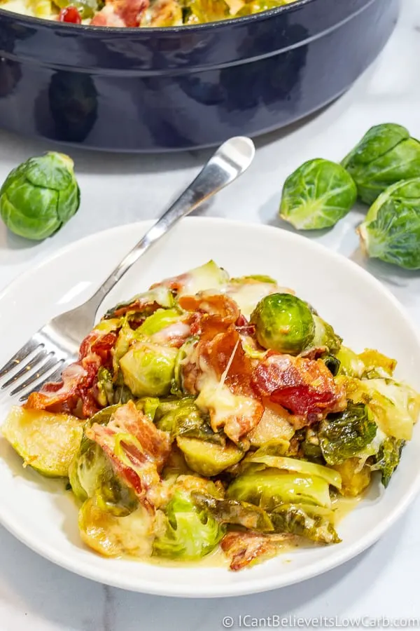Keto Brussel Sprouts on a plate with a fork