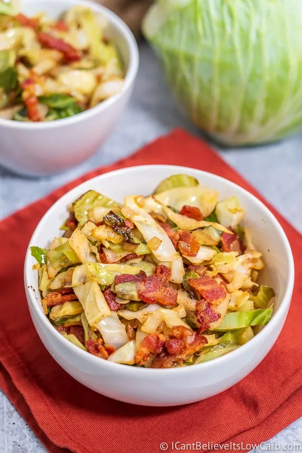 White Bowl of Keto Cabbage and Bacon