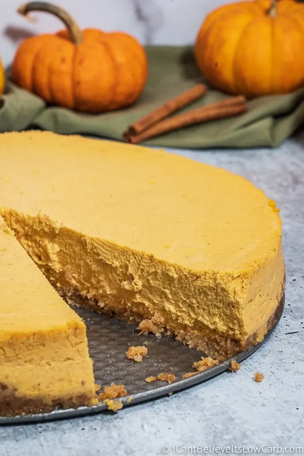 A slice taken out of Low Carb Pumpkin Cheesecake