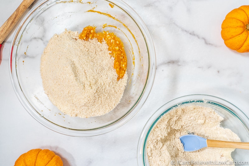 Adding dry ingredients to wet for Low Carb Pumpkin Cookies