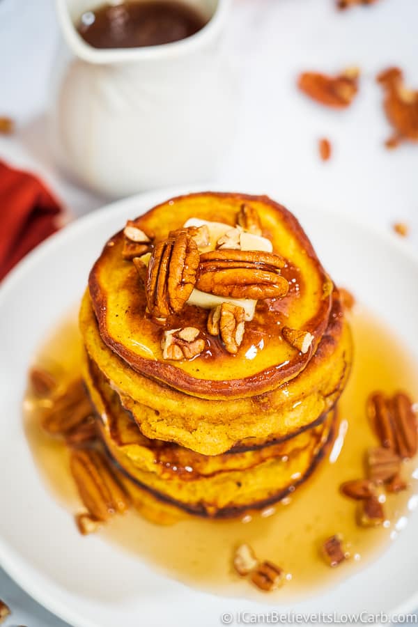 A Plate of Keto Pumpkin Pancakes and pecans