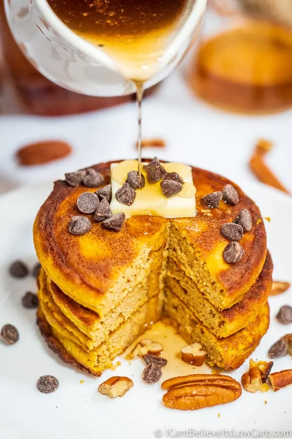 Keto Pumpkin Pancakes with chocolate chips and syrup