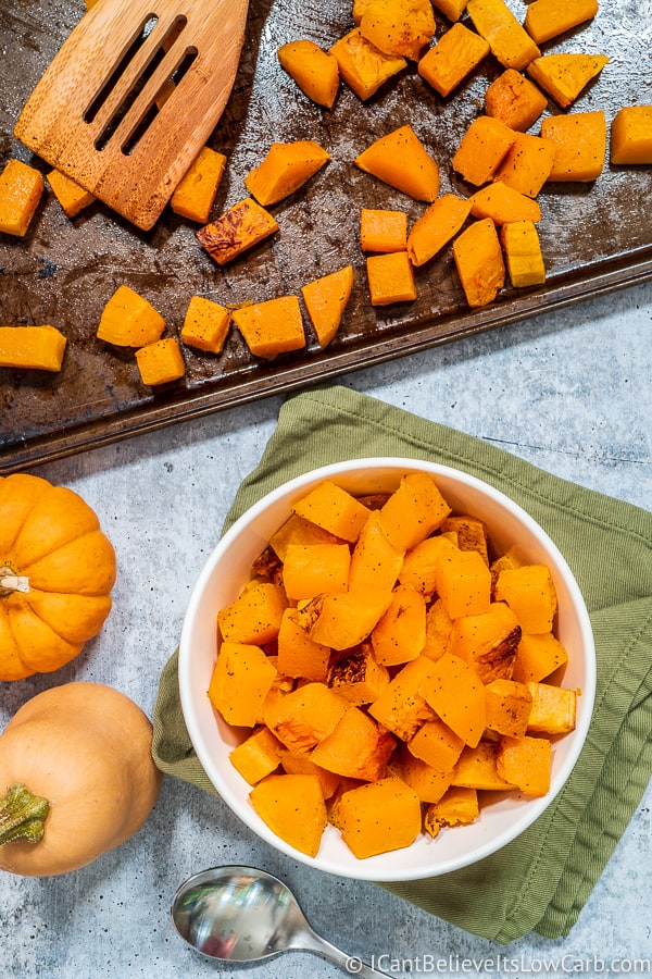Roasted Butternut Squash in a bowl and on a tray
