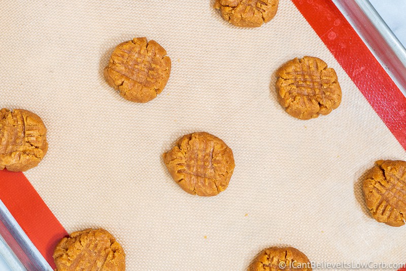Keto Peanut Butter Cookies pressed on a tray