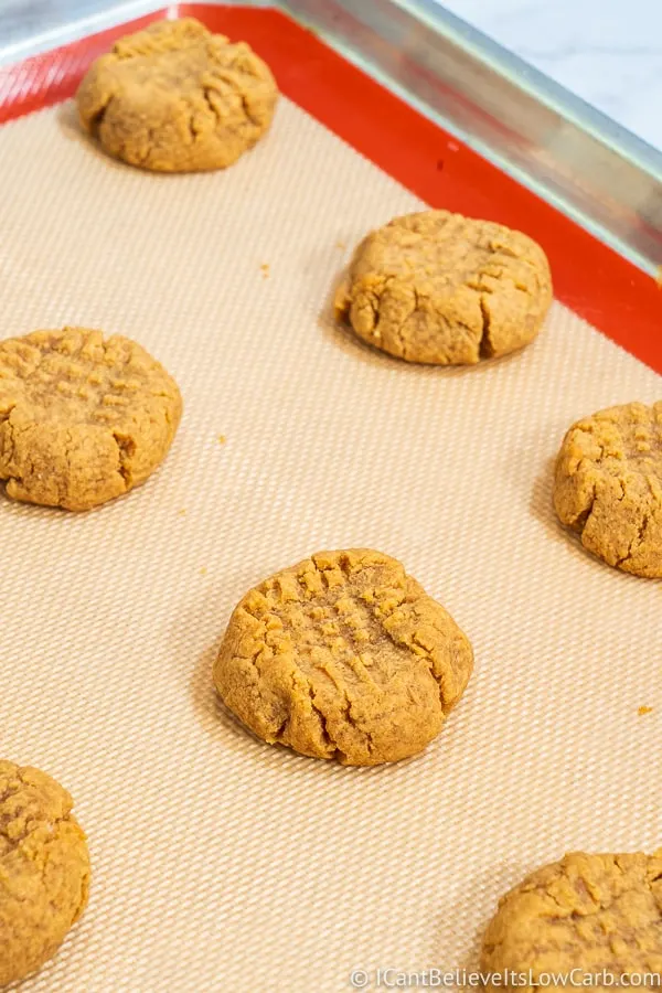 Keto Peanut Butter Cookies baked on a tray