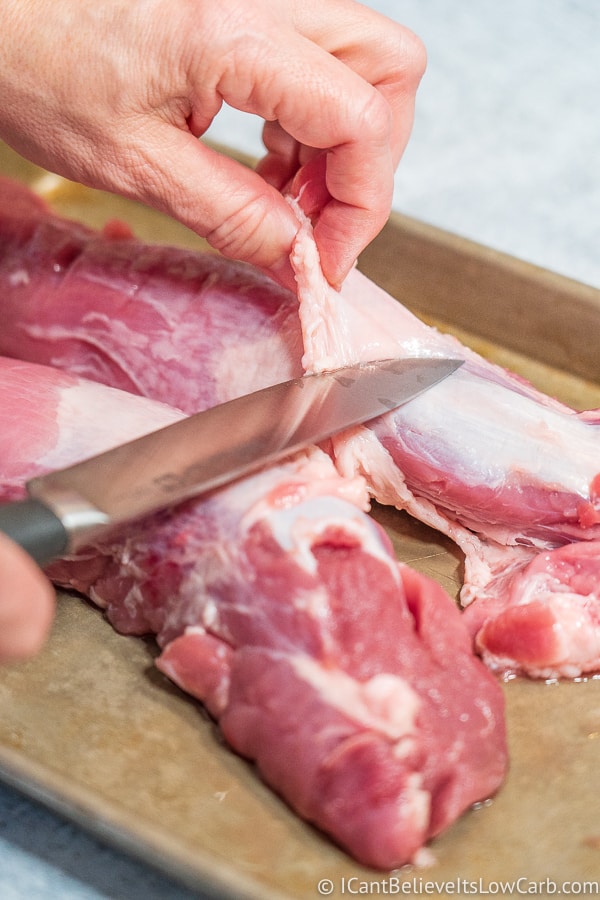 cutting silverskin off Pork Tenderloin