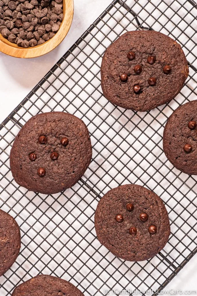 Keto Chocolate Cookies cooling on a rack