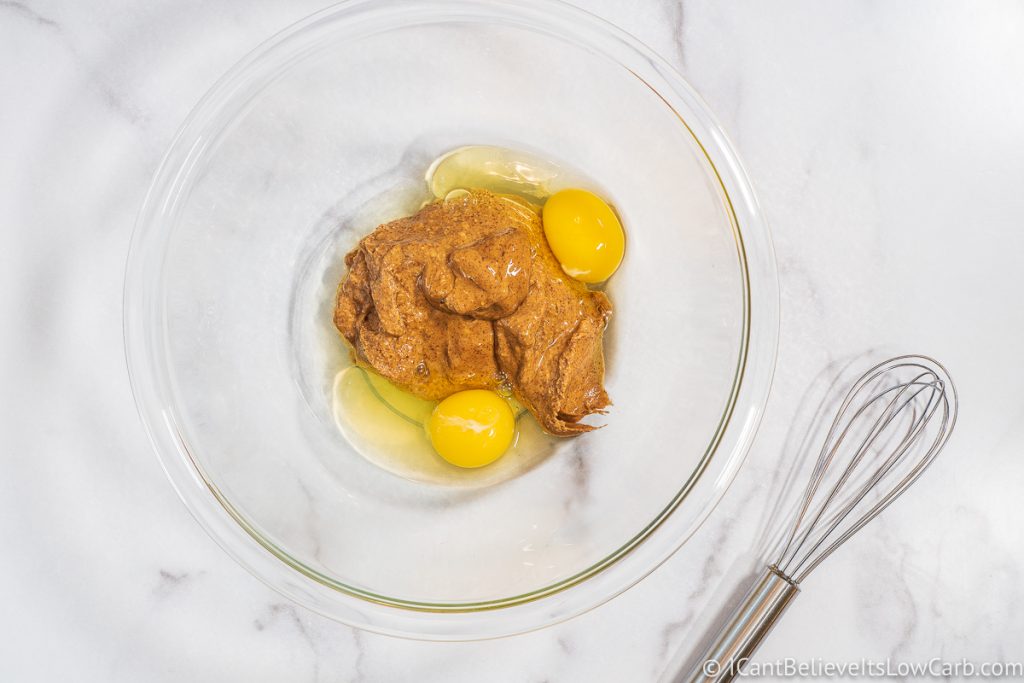 almond butter and eggs in a glass bowl