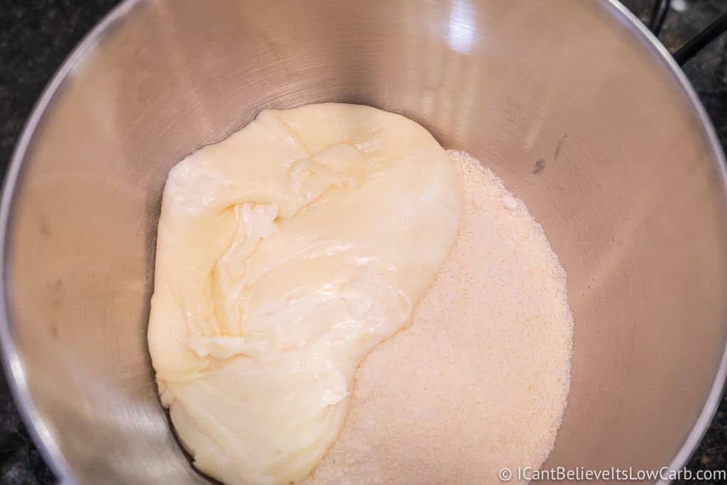 cheese and almond flour mixture in mixer bowl