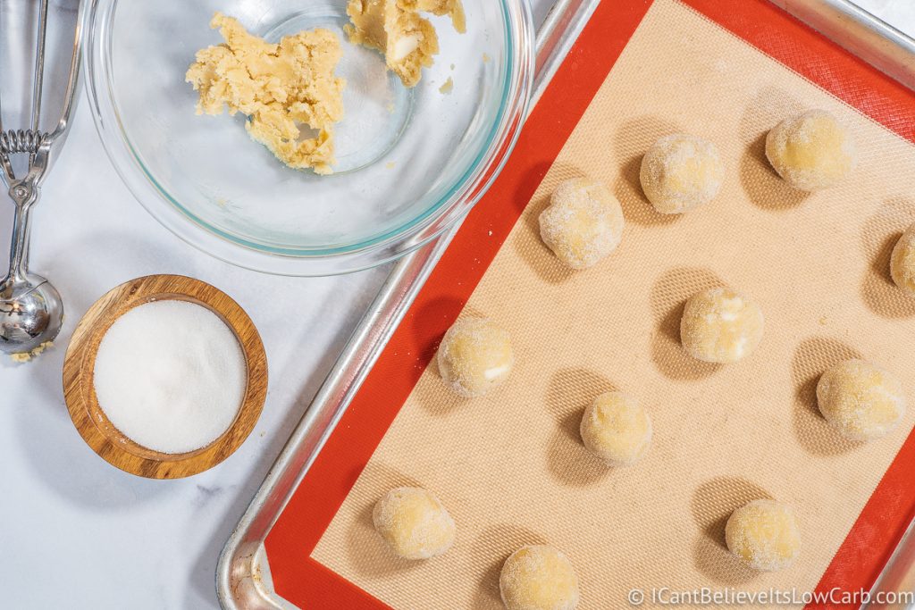 Low Carb Sugar Cookie dough balls on baking tray