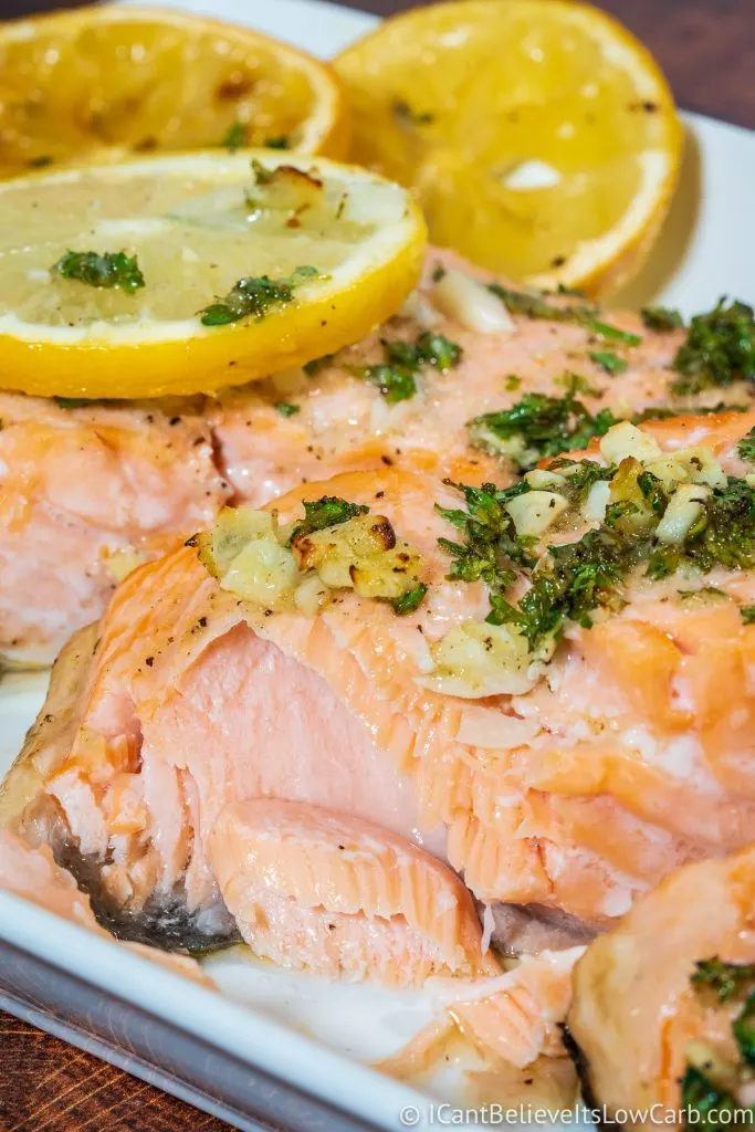 Inside a juicy Baked Salmon with lemon