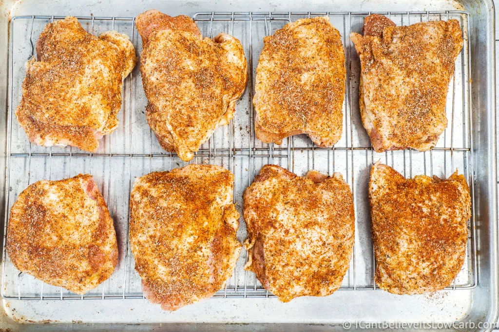 Chicken Thighs on wire rack before baking