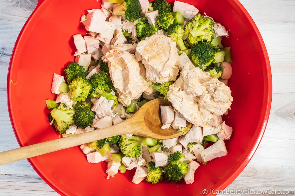 Chicken and broccoli mixed in a bowl