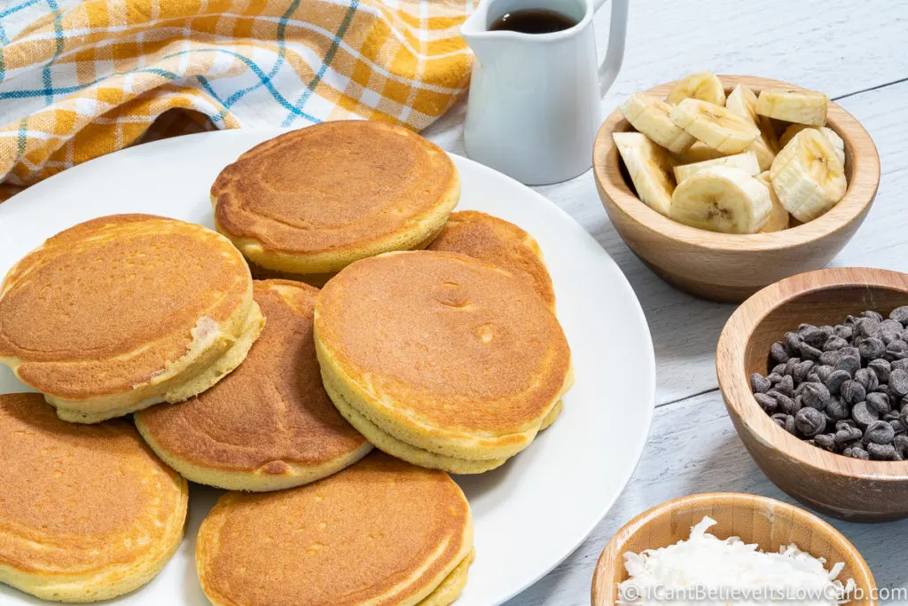 Coconut Flour Pancakes small bowls of chocolate chips and bananas