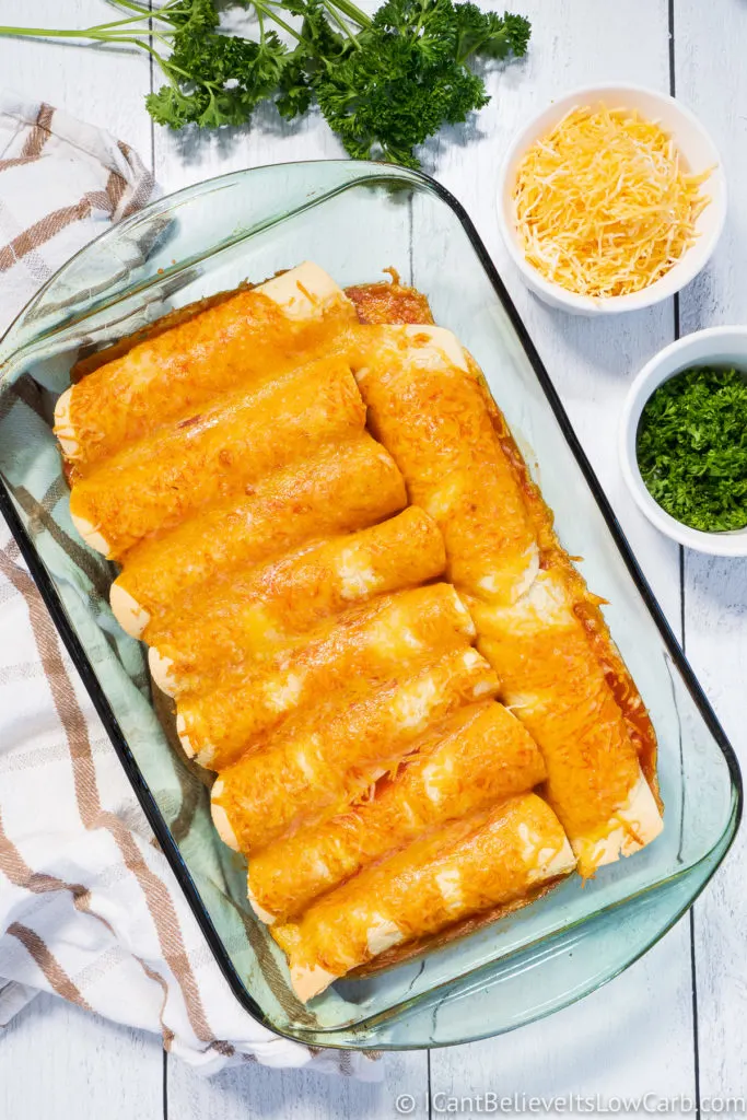 Keto Chicken Enchiladas in baking dish