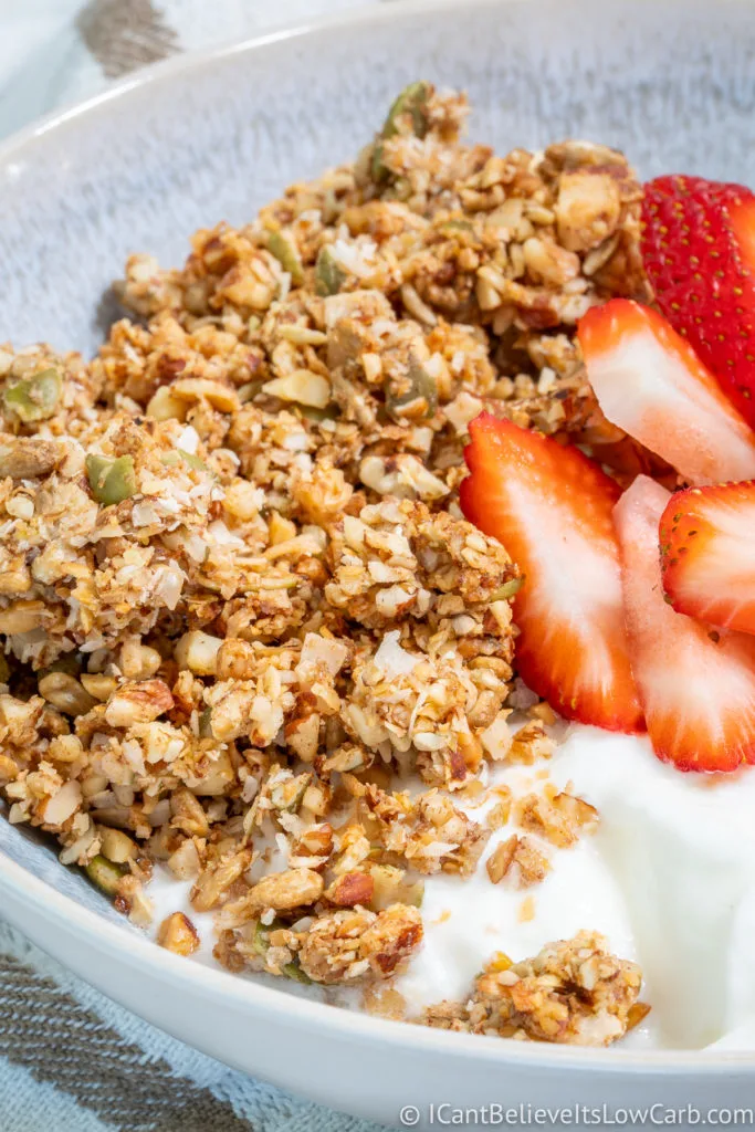 Low Carb Granola clusters in a bowl with yogurt and strawberries