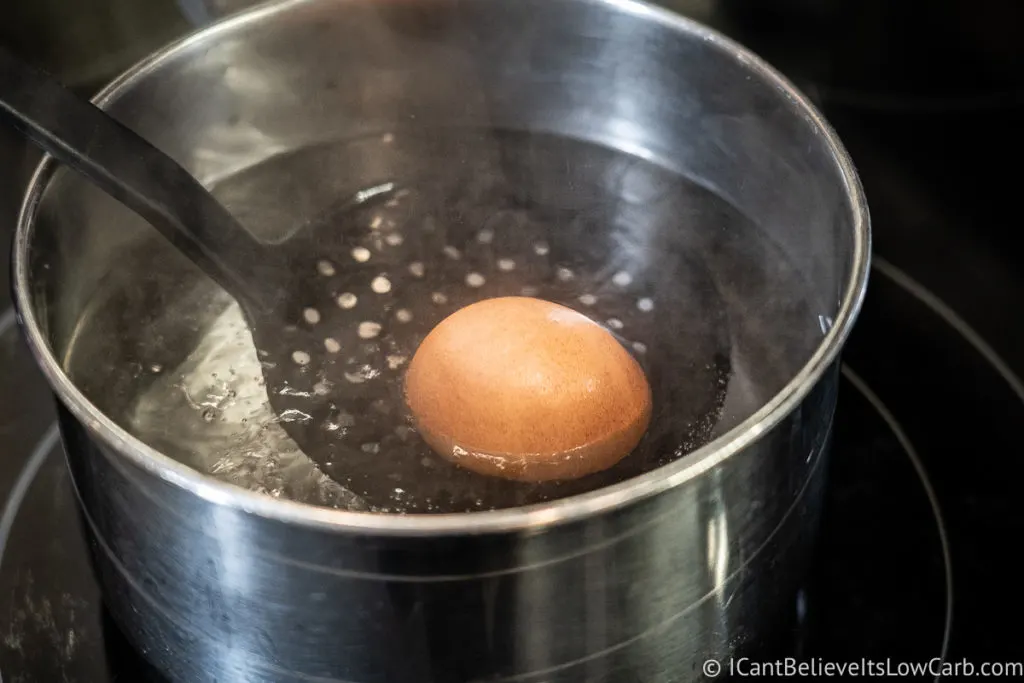 an egg in a pot of boiling water