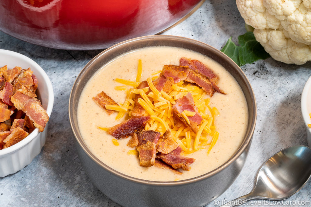 Bowl of Cauliflower Soup with cheese and bacon