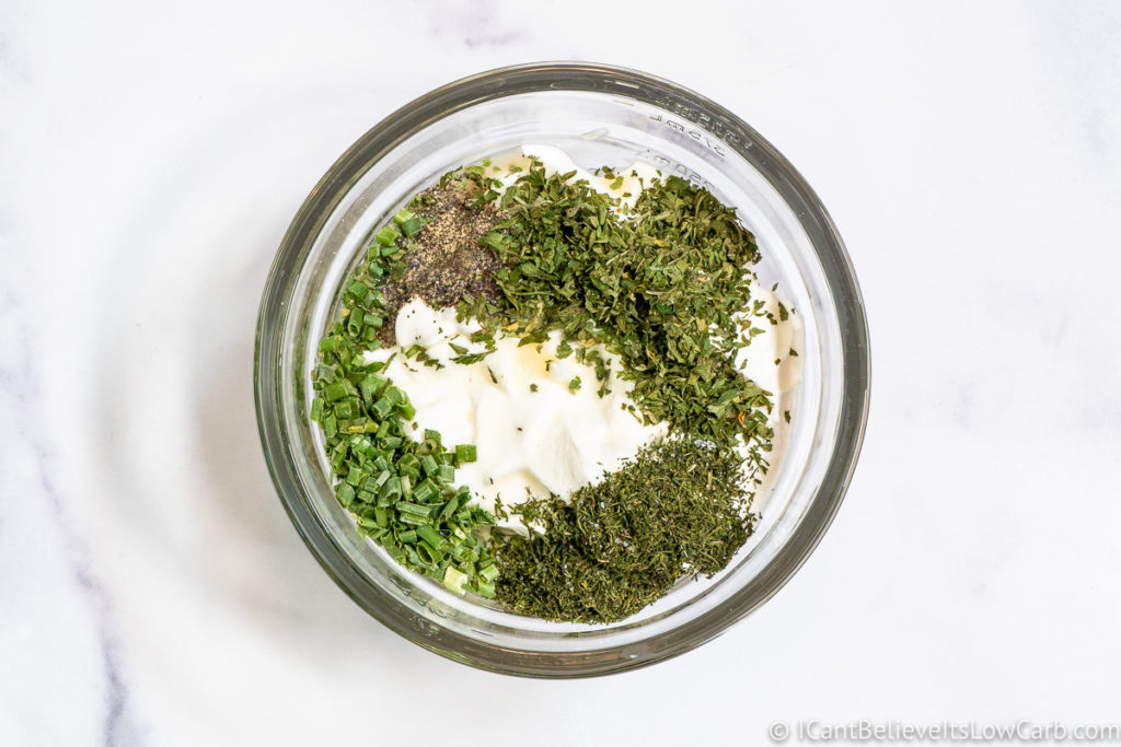 All Keto Ranch Dressing Ingredients in a bowl