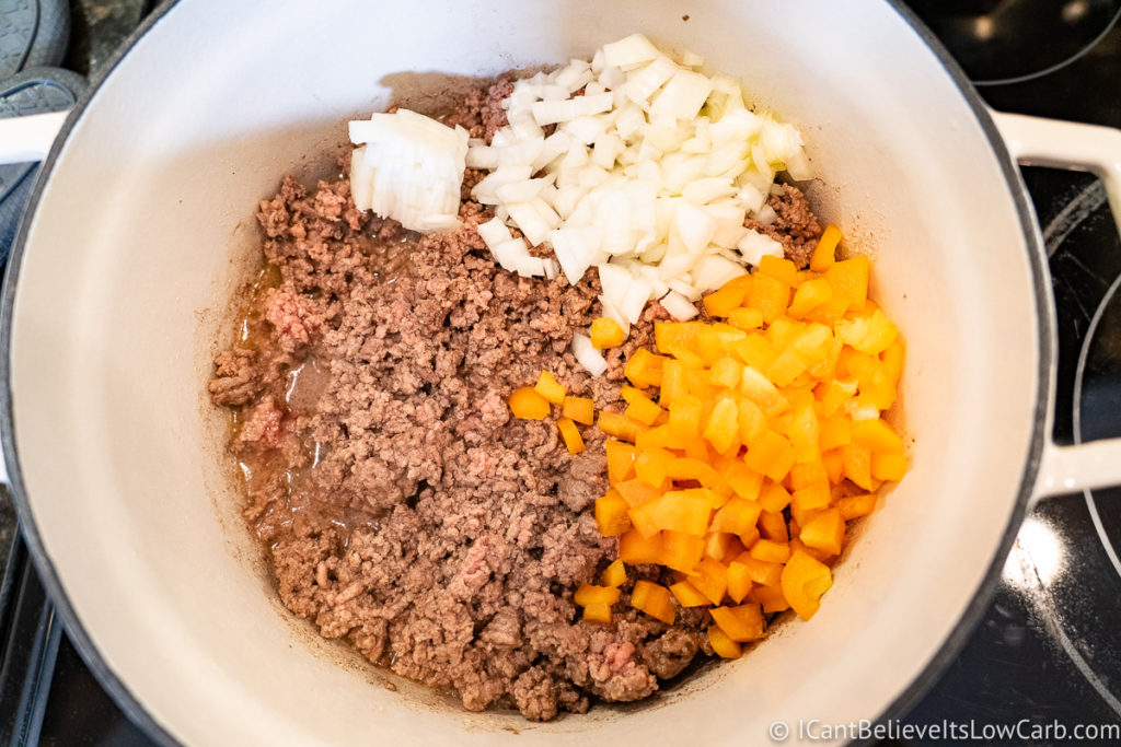 Adding ground beef onions peppers for Keto Taco Soup