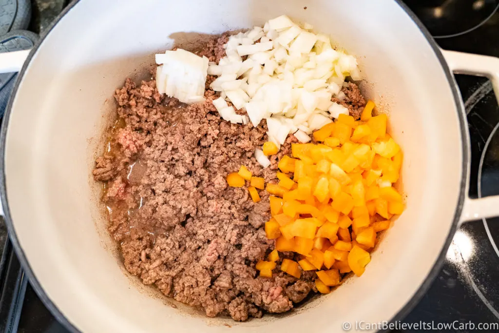 Adding ground beef onions peppers for Keto Taco Soup