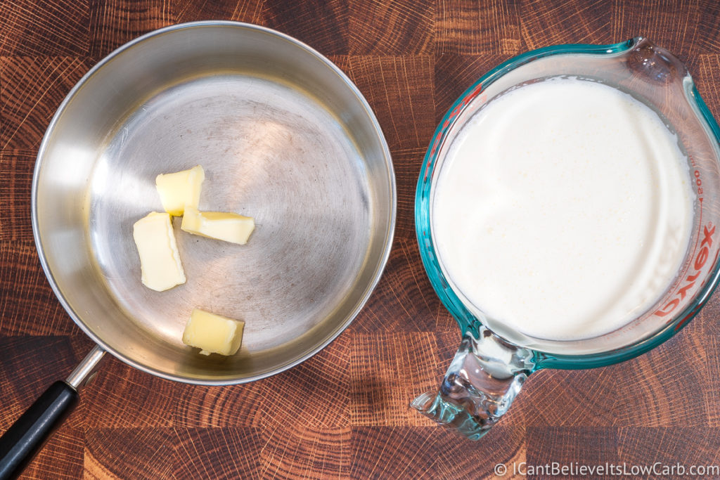 butter in a pan and heavy cream in measuring cup