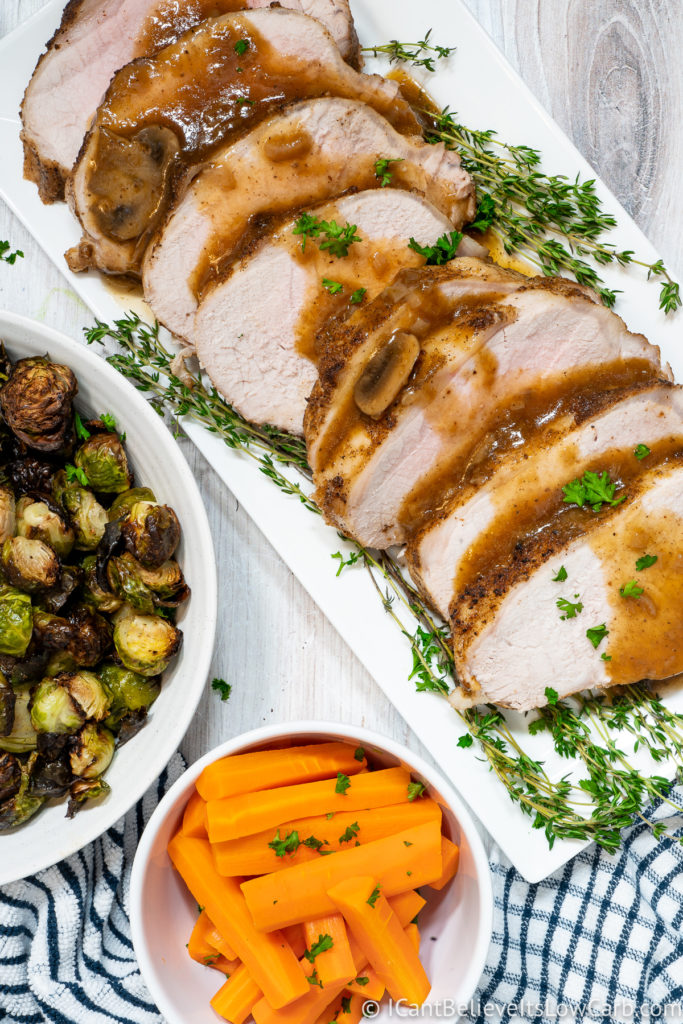 Instant Pot Pork Loin on a plate with gravy