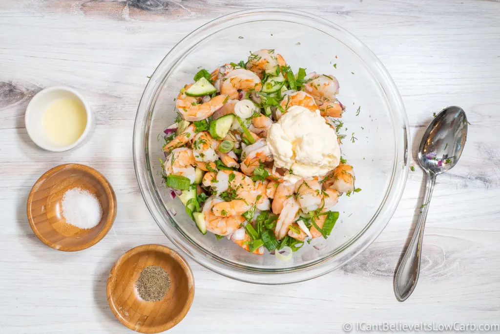 Adding the Mayo to Shrimp Salad