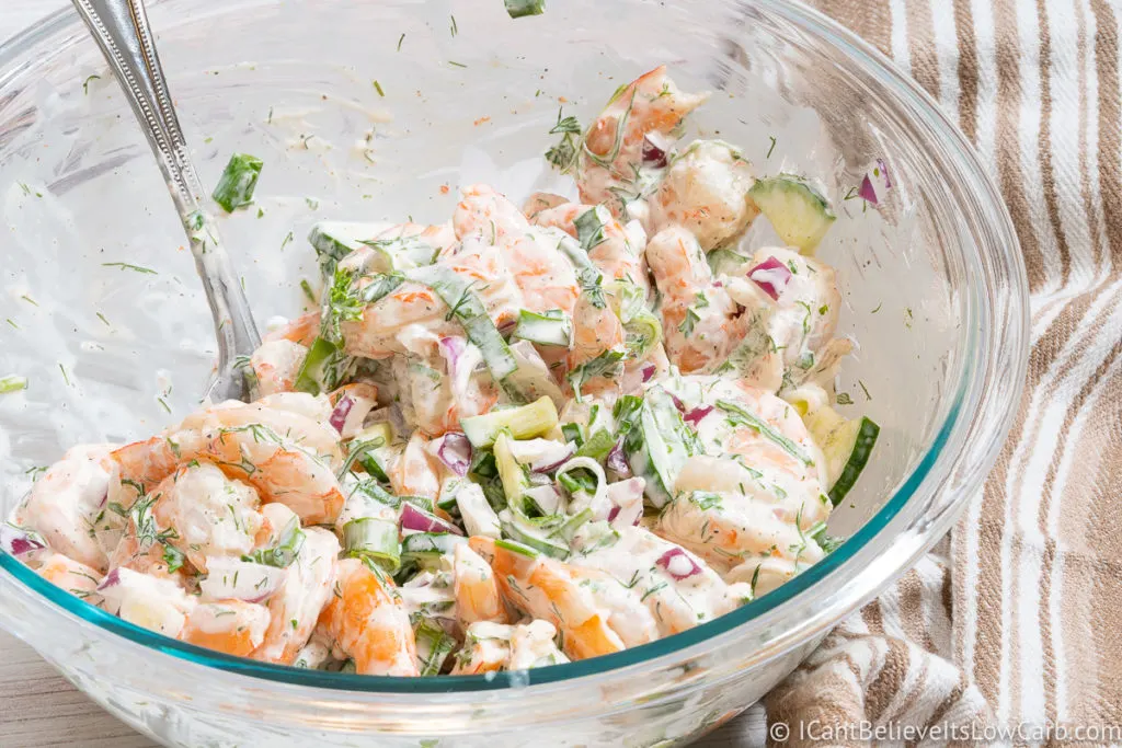 Shrimp Salad mixed in a glass bowl