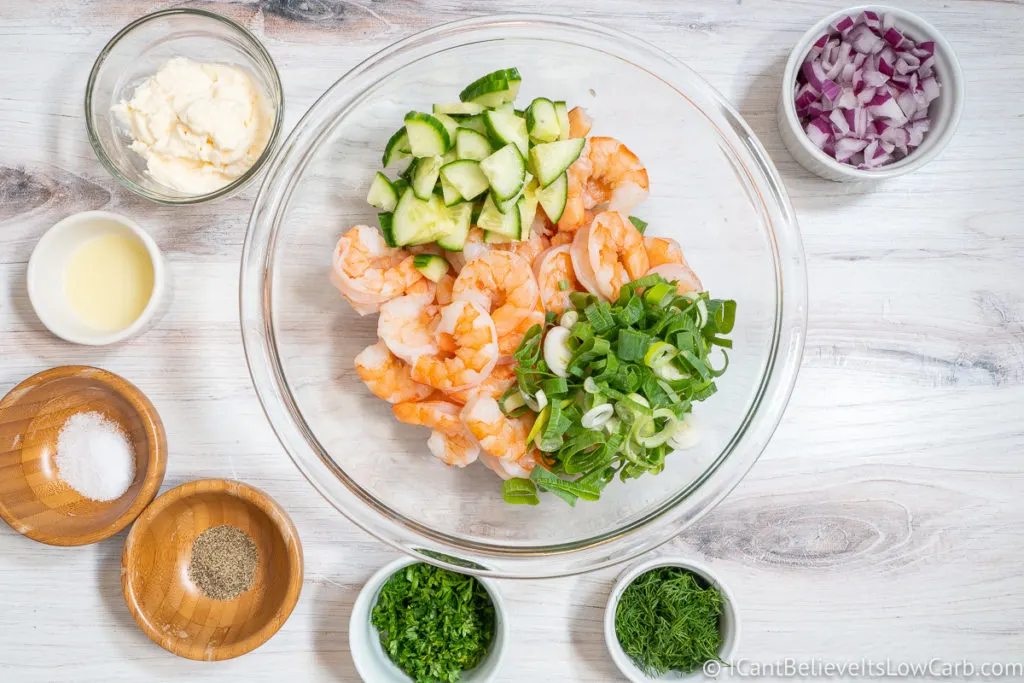 Adding the cucumbers and scallions Shrimp Salad