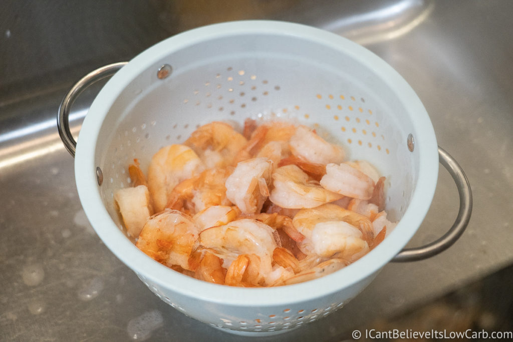 Cooked Shrimp in a colander in the sink