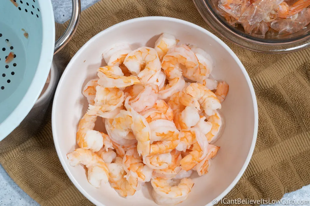 cooked and peeled shrimp in a bowl