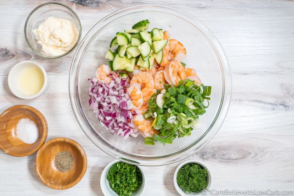 adding the onions Shrimp Salad