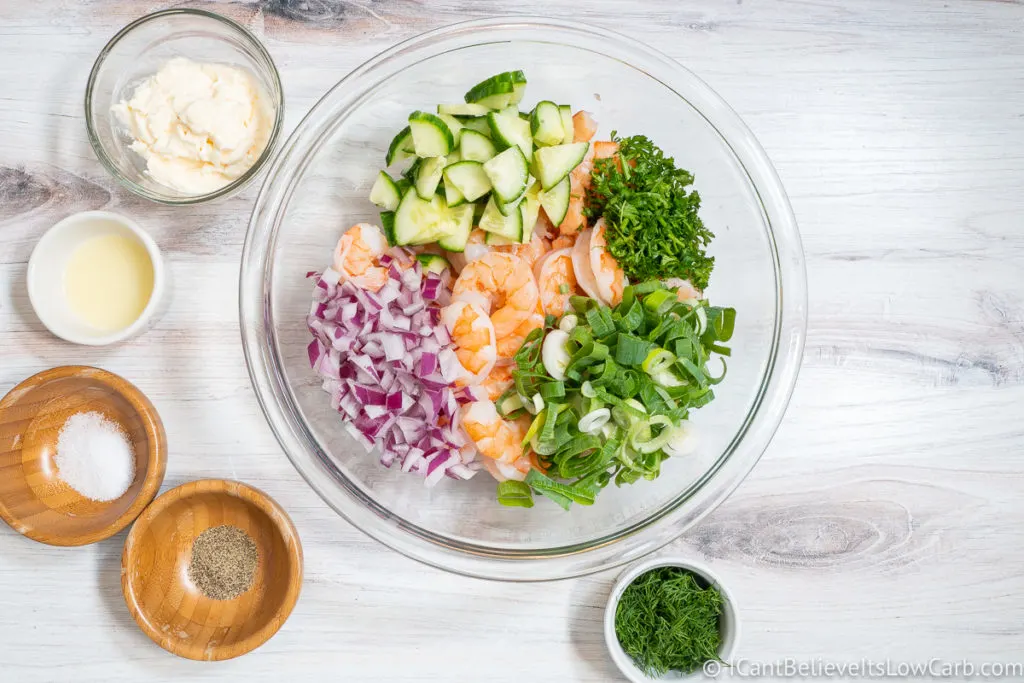 Adding the parsley Shrimp Salad