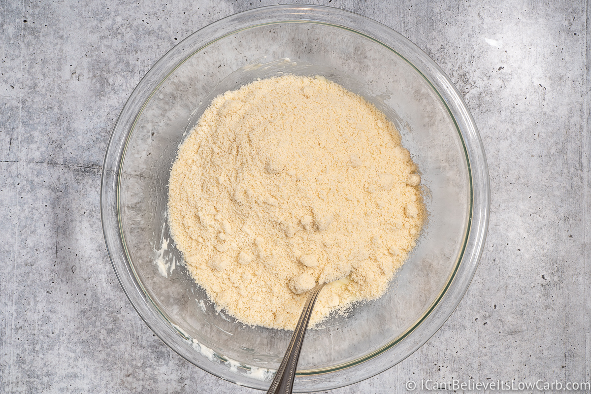 adding almond flour to the keto bagel dough