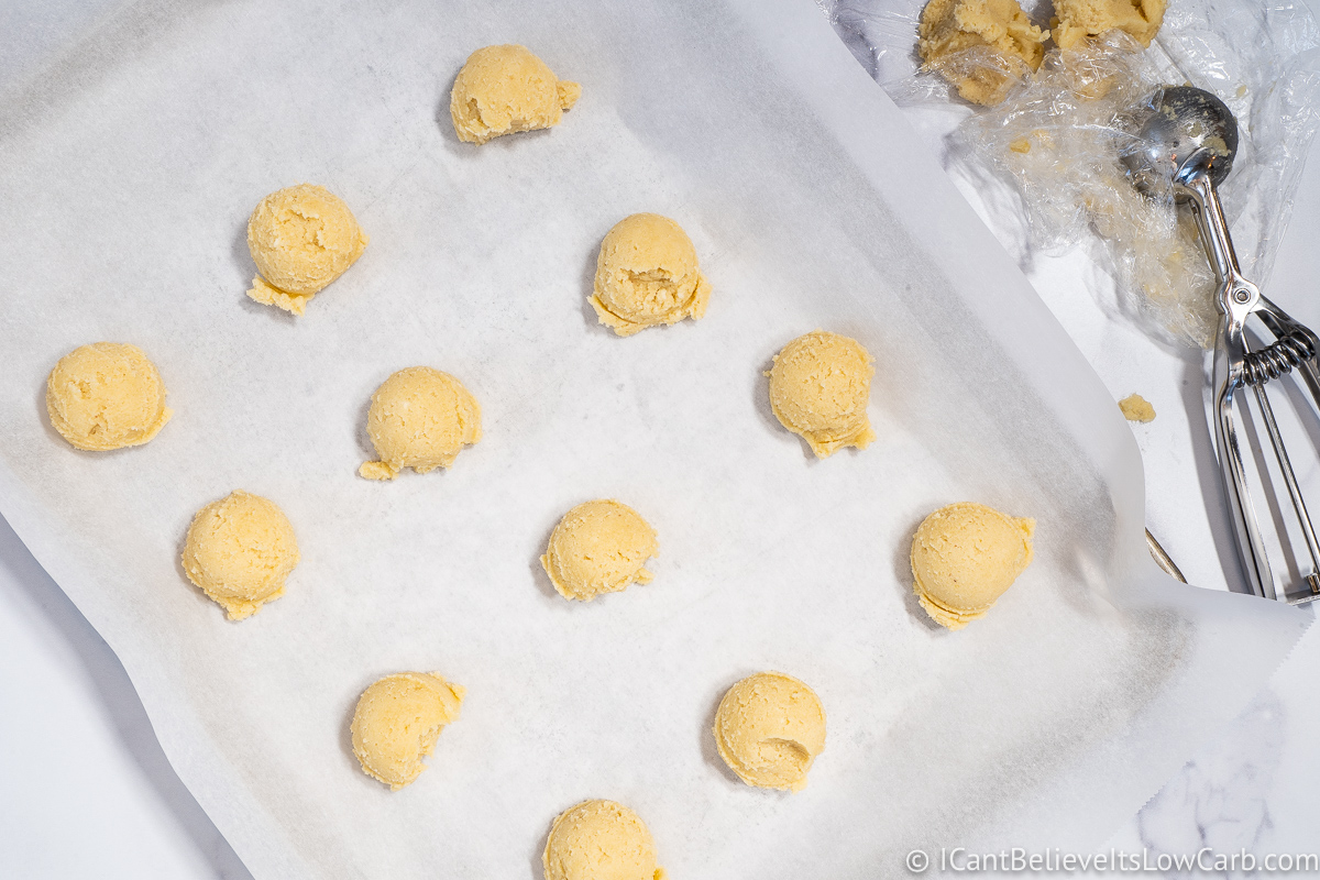 Keto Butter Cookie dough balls on baking sheet