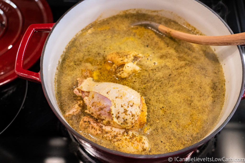 Low Carb Chicken Noodle Soup cooking on the stove
