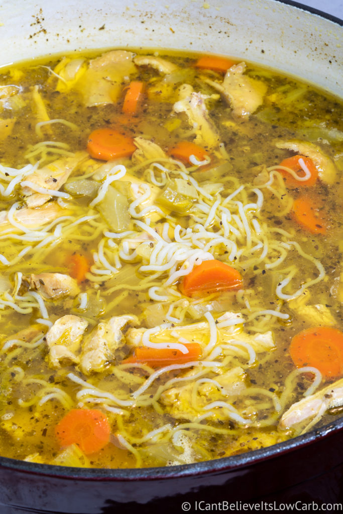 A pot of Keto Chicken Noodle Soup
