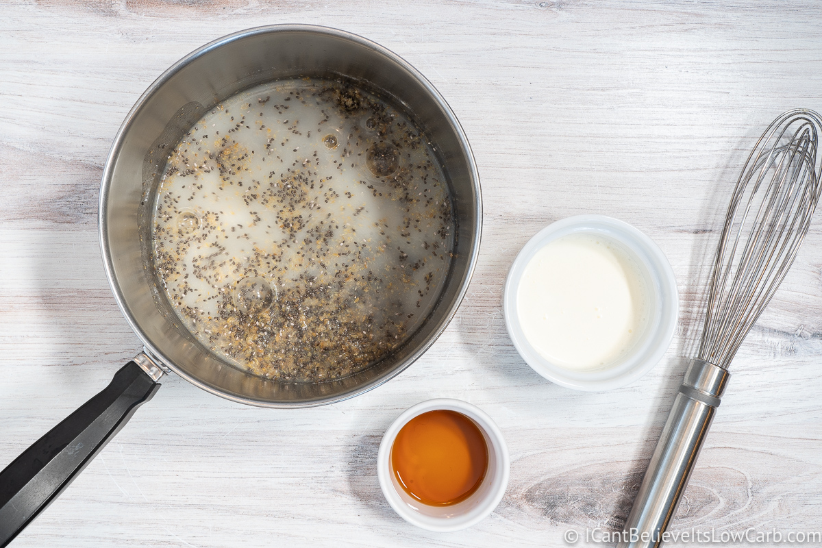 Adding almond milk to the pan
